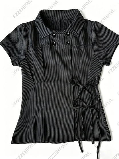 Fashion New Women Y2k Short-sleeved Shirt with Casual Striped Pattern Turn-down Collar Buttoned T-shirt Punk Gothic Streetwear