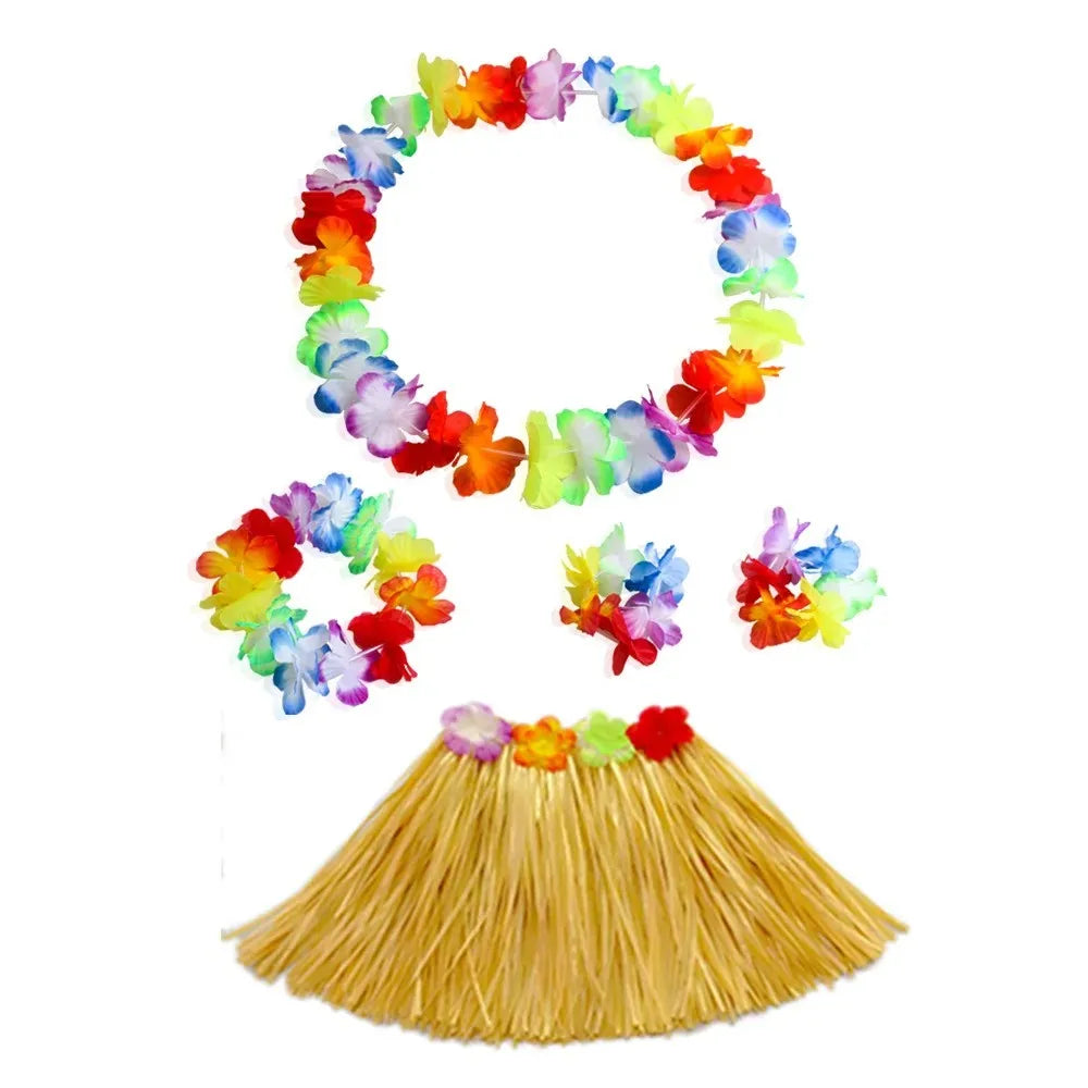 Hawaiian Dance Child Skirt with Leis Costume, Elastic Luau Grass, Hawaiian Flower Bracelets, Headband, Necklace, 40cm, 5pcs 6Pcs