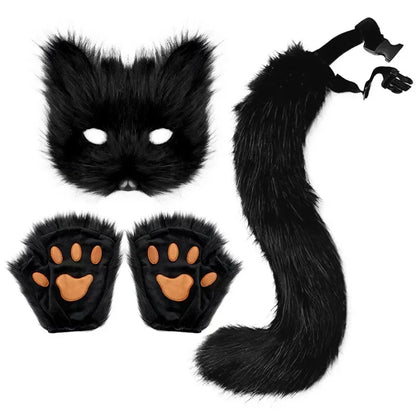 Cat Cosplay Costume Foxes Mask+Tail +Gloves Set  Halloween Costume Accessorie Wolf Therian Theme Party Dress Up Prop Accessories