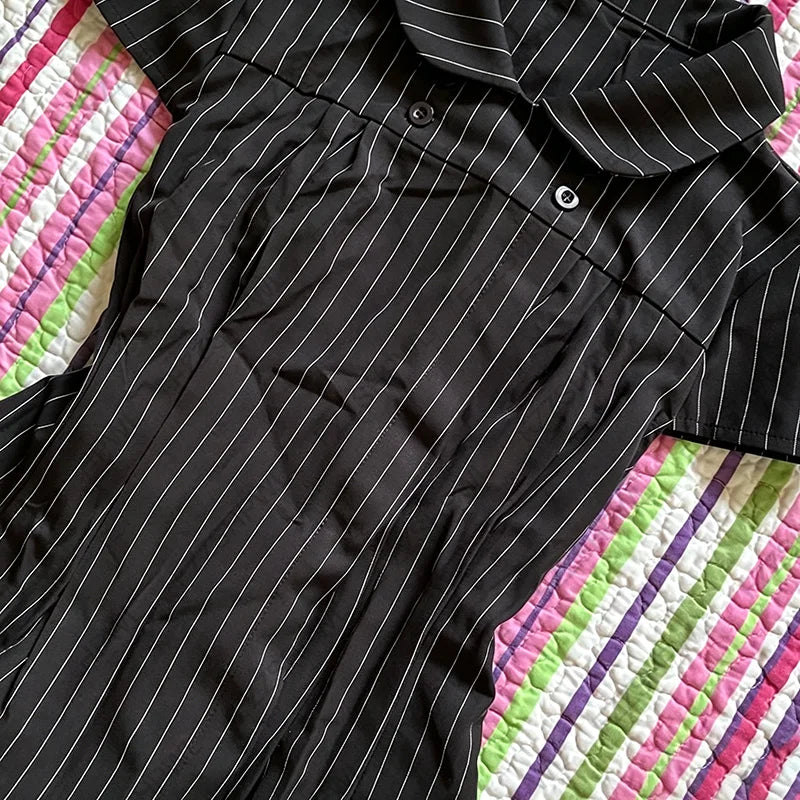 Fashion New Women Y2k Short-sleeved Shirt with Casual Striped Pattern Turn-down Collar Buttoned T-shirt Punk Gothic Streetwear