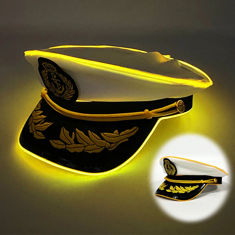 Cool White Military Hats with  Glowing LED Light Adult Navy Hat Yacht Cap Skipper  Sailor Captain Halloween Cosplay DJ Decor