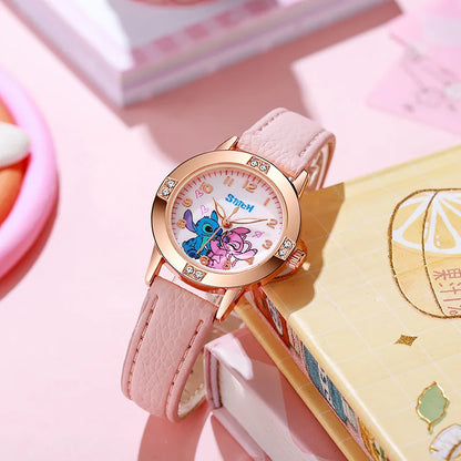 Disney Children's Watches Kids Boys Girls Cute Cartoon Stitch Imitation Diamond Wristwatch Belt Student Quartz Watch Gift