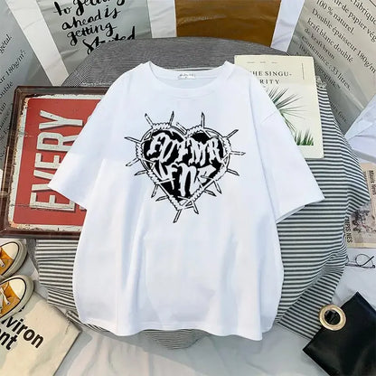 Y2k Fashion Goth Vintage Print T-shirt Women Harajuku Streetwear Dark Gothic Emo Alt Short Sleeve O-neck Loose Black Tee Tops