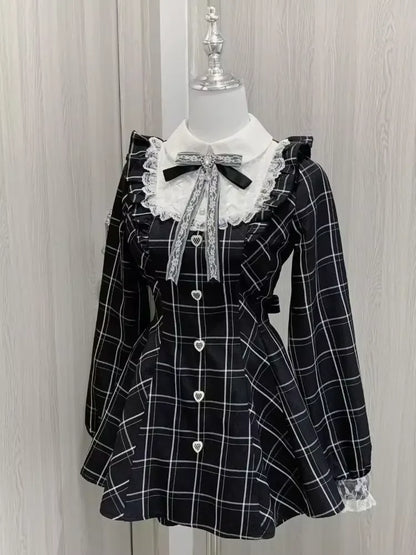 Japanese E-girl Gothic Vintage Dress Women Half High Neck Short Sleeve Bow Lace Mini Dress Cinch Waist Sweet Spicy Black Dress