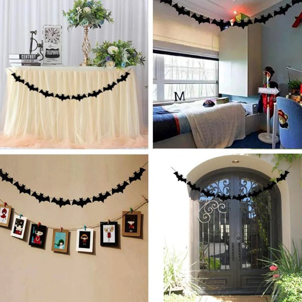 Runtowo 1set Paper Bat Banner ,Halloween Hanging Garland ,Happy Halloween Flag Party Decorations