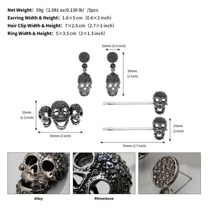 Dark Gothic Skull Crown Fashion Skull Hair Clip Earrings Set Halloween Birthday Party Tiara Holiday Gifts for Friends
