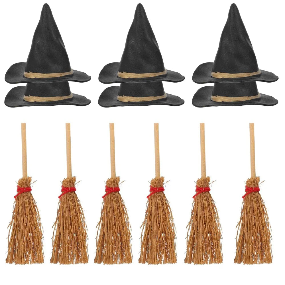 12Pcs Mini Witch Hats and Brooms Cake Toppers Halloween Mini Wizard Hats Cake Decorations for Birthday Wedding DIY Party Favors