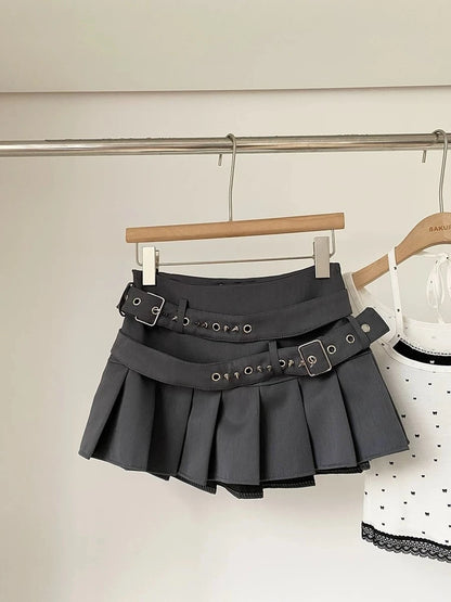 Black High Street Gothic Rivet Mini Skirt Woman Y2K Style Korean Fashion Aesthetic Skirts Elegant Retro A-line Denim Outfit 2025