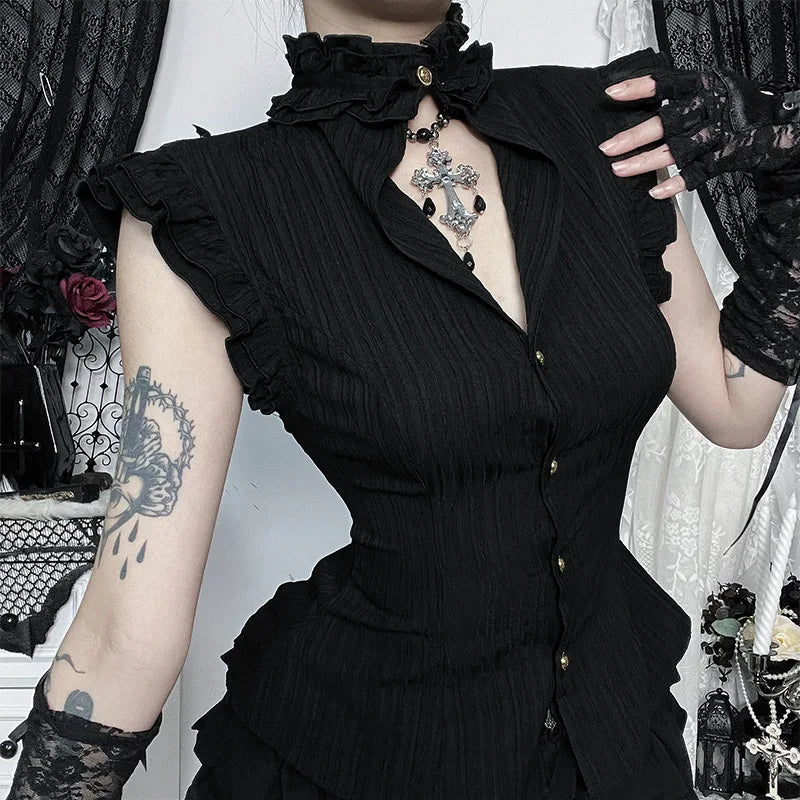 Goth Dark 90s Grunge Single Breasted Slim Wasit Shirt Blouses Women Alt Teachwear Mall Gothic Stringy Selvedge Sleeveless Shirts