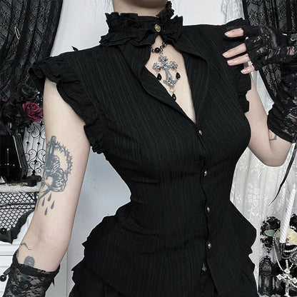 Goth Dark 90s Grunge Single Breasted Slim Wasit Shirt Blouses Women Alt Teachwear Mall Gothic Stringy Selvedge Sleeveless Shirts