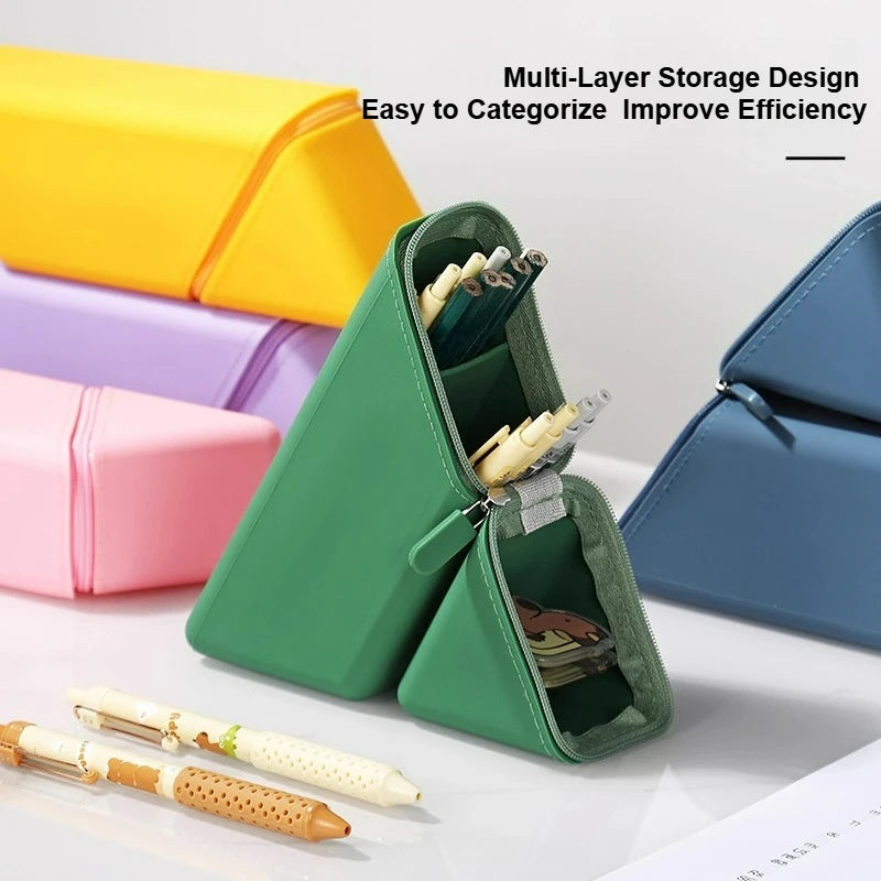 Creative Silicone Pencil Case Large Capacity Simple Design Dual-Purpose Pen Holder Multi-Layer Storage Triangular Stand-Up Style