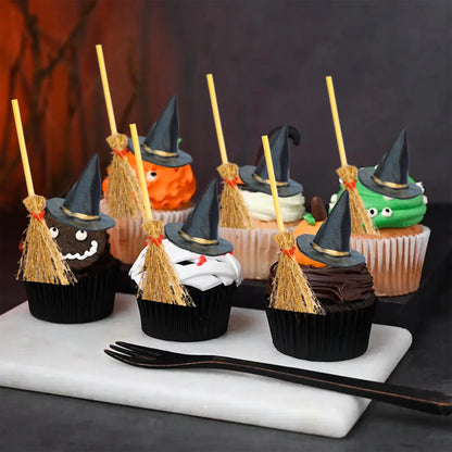 12Pcs Mini Witch Hats and Brooms Cake Toppers Halloween Mini Wizard Hats Cake Decorations for Birthday Wedding DIY Party Favors