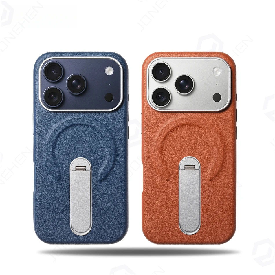 Magnetic Retro Leather Stand Holder Case For IPhone 17 16 15 14 13 18 Pro Max Wireless Charge Shockproof Armor Cover For Magsafe