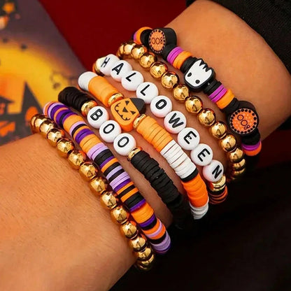 FTCY 7pcs Halloween Bracelet for Men Women Retro Spooky Pumpkin Polymer Clay Beaded Bracelet Set Cosplay Party Jewelry Gift