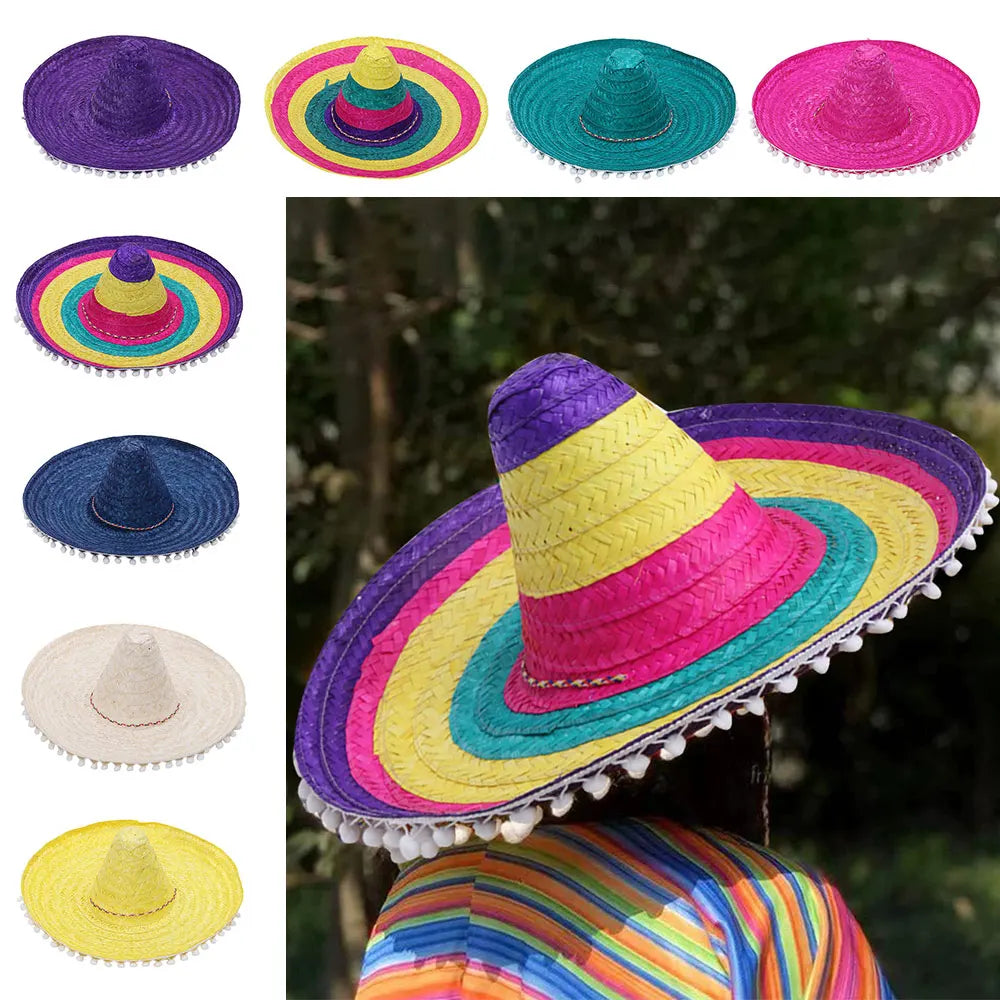 Summer Colorful Wide Brim Mexican Party Hat Halloween Sombrero Straw Hats Decor Party Beach Hat Men