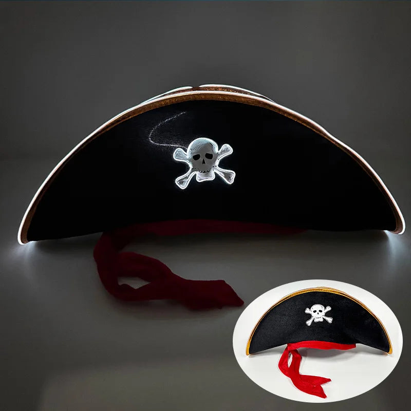 Halloween LED Black Pirate Hat For Adult Pirate Theme Party Glowing Captain Cap Cosplay Costume Luminous Hat With Skull Pattern