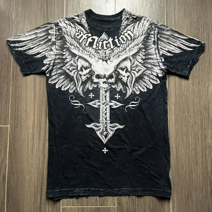 90s affliction Hip Hop Skull Graphic t shirts Men Streetwear Goth Tops Men Clothes Casual Gothic Oversized Long Sleeve T shirt