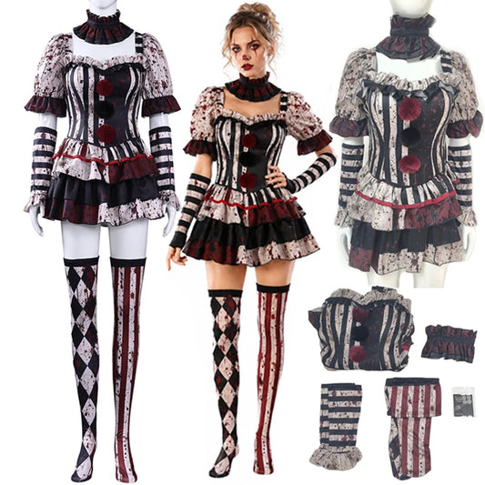 Women Clown Cosplay Costume Circus Jester Dress Halloween Party Performance Outfit Role Play Carnival Stage Suit