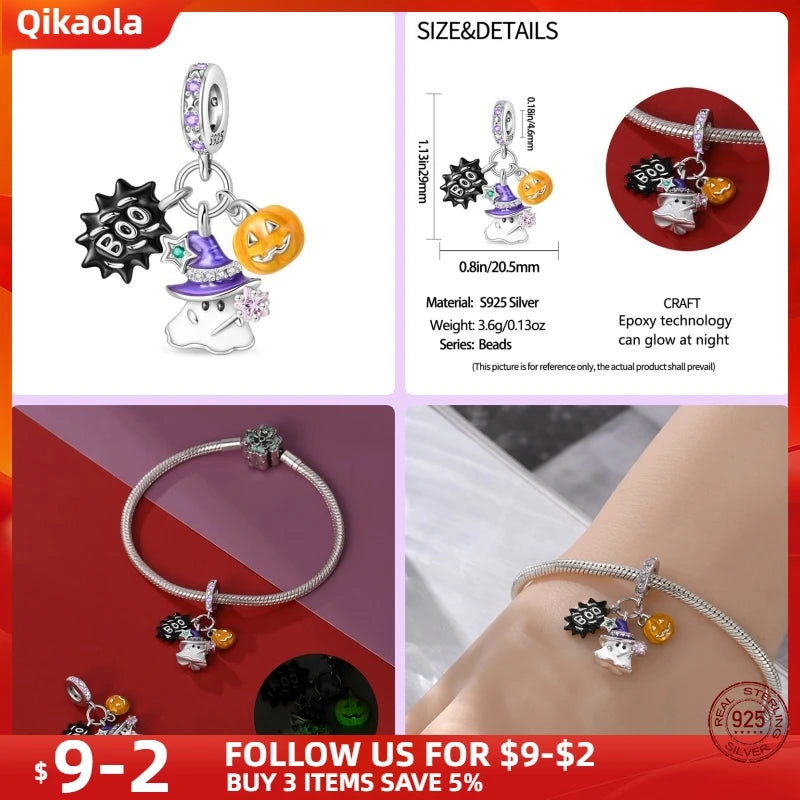 New in 925 Silver Halloween Collection Charm Glowing skull Beads Fit pand 3mm Bracelet DIY Pendant Woman Jewelry 2024 Hot Sale