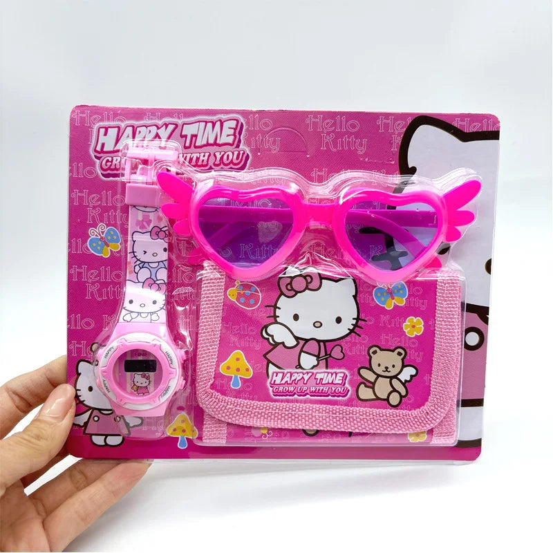 Fashion 3ps Unicorn Hello Kitty Girls Watch Kids with Wallet Glasses Cartoon Spiderman Watch Children Clock Toys set