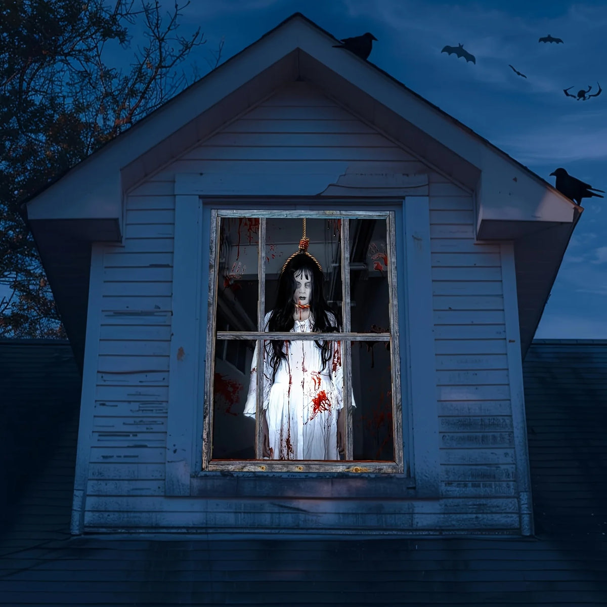 Halloween Window Party Banner Scary Female Ghost Window Cover Decorations Clings, Creepy Door Silhouette Banner for Indoor Outdo