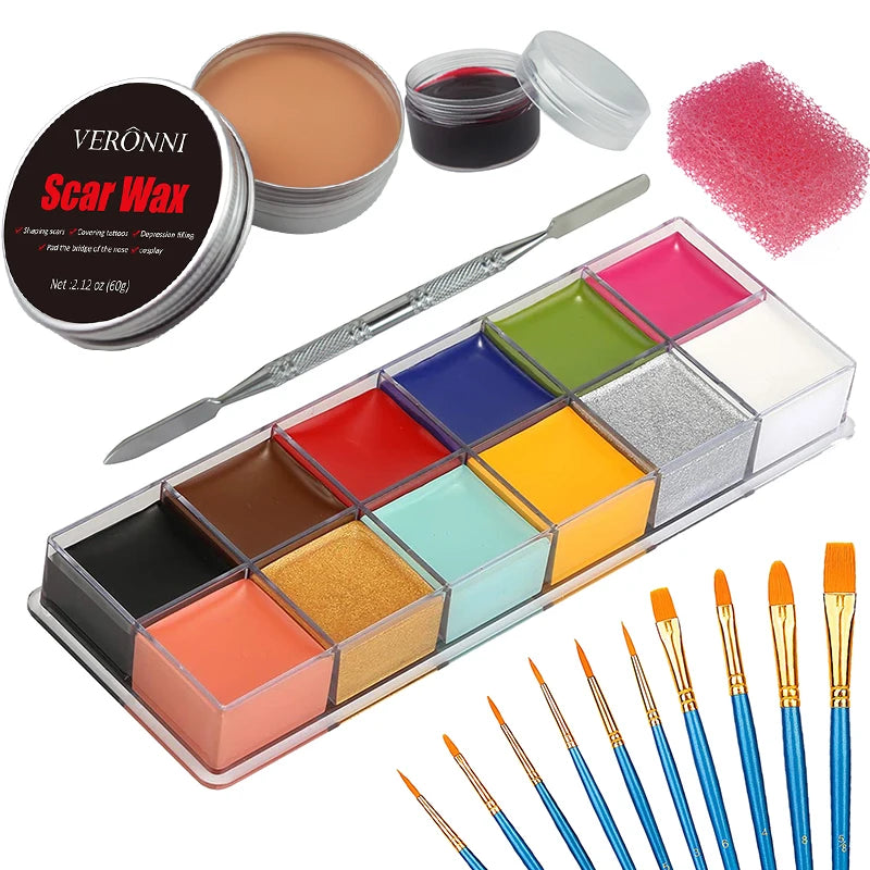 12/20 Colors Face Body Painting Fake Blood ,Halloween Professional Special Effects Makeup Kit with Wound Modeling Scar Wax