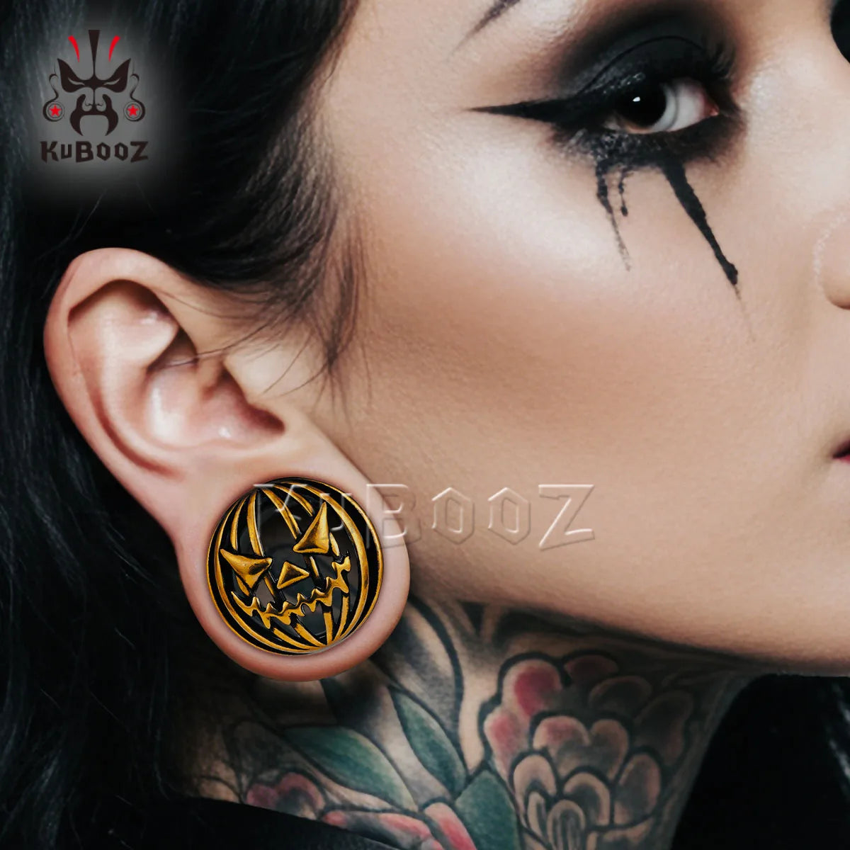 KUBOOZ 316L Hypoallergenic Stainless Steel Halloween Pumpkin Ear Tunnels, Plugs & Stretchers 1Pair Gothic Ear Piercing Jewelry