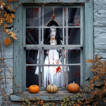 Halloween Window Party Banner Scary Female Ghost Window Cover Decorations Clings, Creepy Door Silhouette Banner for Indoor Outdo