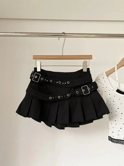 Black High Street Gothic Rivet Mini Skirt Woman Y2K Style Korean Fashion Aesthetic Skirts Elegant Retro A-line Denim Outfit 2025