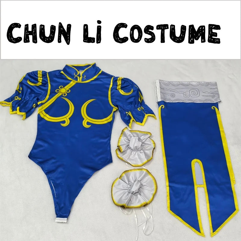 Women's Street Fighter Chun Li Cosplay Costume Game Fighter Chunli Blue Cheongsam with Headdress and Waistband Halloween Costume