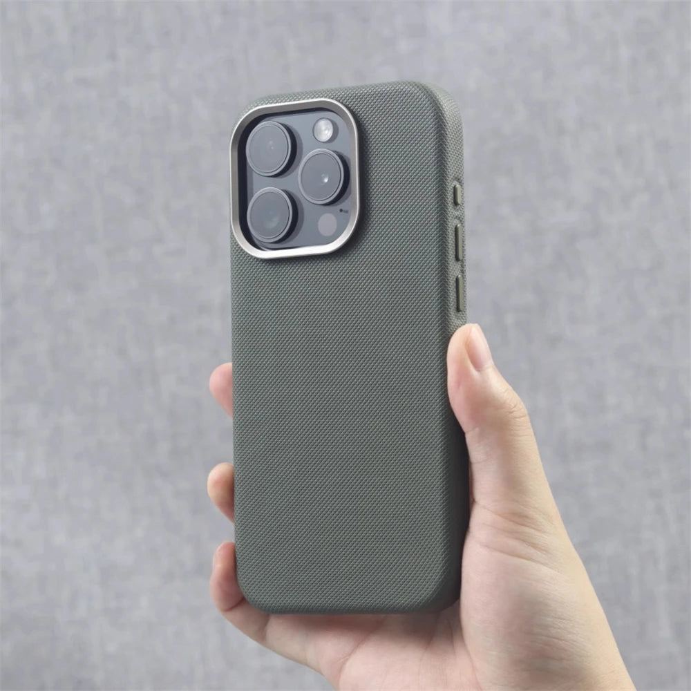 Luxury Alloy Lens Frame Particle PU Leather Magnetic Case For iPhone 18 17 16 Pro Max 15 14 13 For Magsafe Wireless Charge Cover