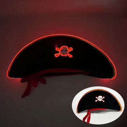 Halloween LED Black Pirate Hat For Adult Pirate Theme Party Glowing Captain Cap Cosplay Costume Luminous Hat With Skull Pattern