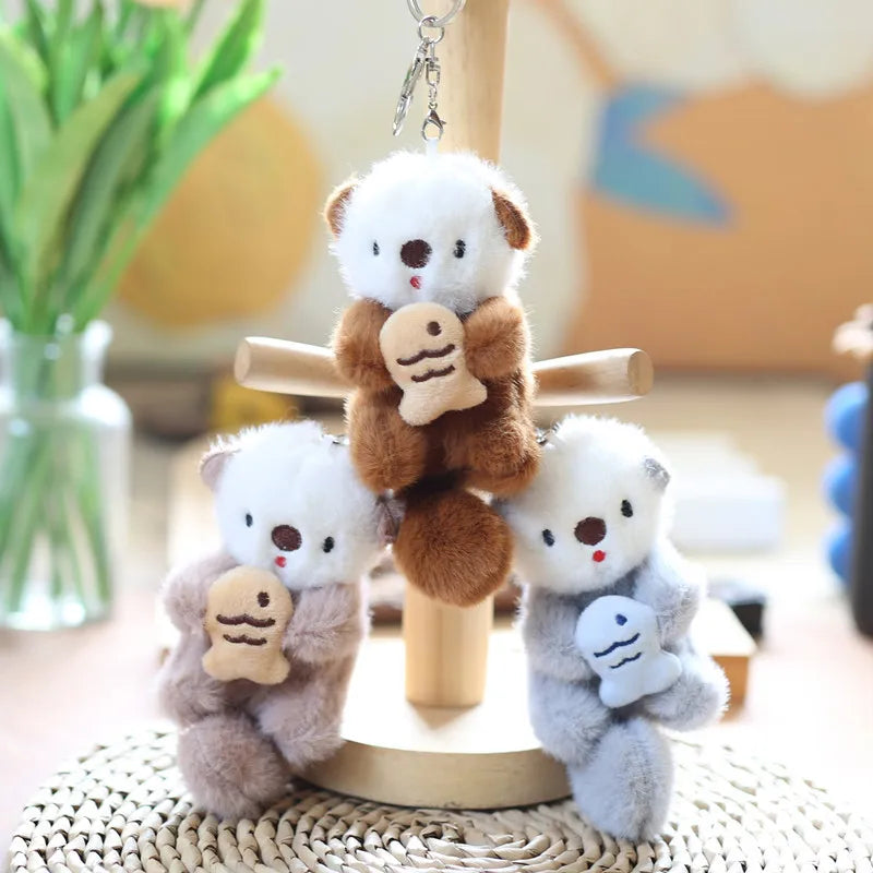 ZAKOL Cute Otters Holding Fish Plush Pendant Keychain Backpack Keyrings Pendant Bag Key Wallet Pendant Wholesale