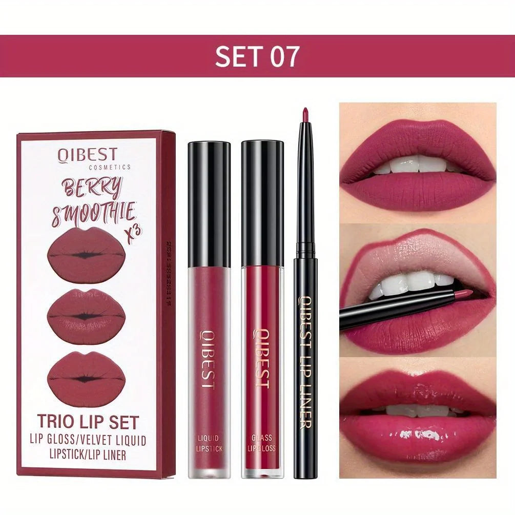 3 in 1 Lipstick and Lipliner Set, Long Lasting Waterproof Lip Stain Liquid Lipgloss Set for Women Halloween Gothic Makeup