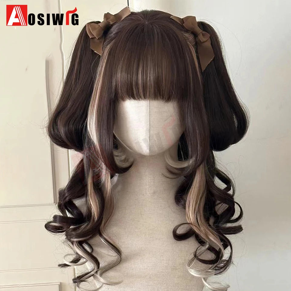 Synthetic Princess Cut Double Ponytail Lolita Wig with Bangs Girl Ombre Blonde Brown White Gray Cosplay Halloween Harajuku Wig