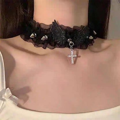 Y2K Women Sequins Wings Cross Spike Charms Adjustable Chain Necklaces Goth Vintage Accessories Halloween Cosplay Party Jewelry