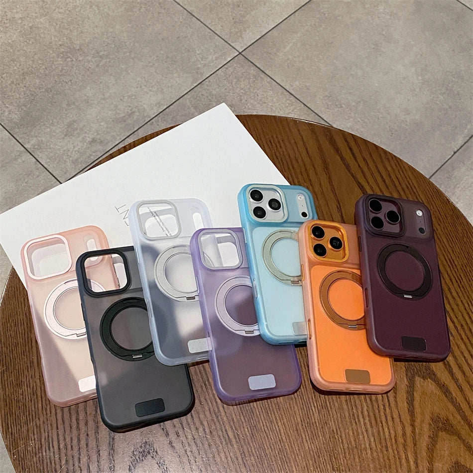 Luxury 360 Rotating Magnetic Stain-resistant Case For iPhone 17 18 Pro Max Shockproof TPU Hybrid PC For Magsafe Stand Cover