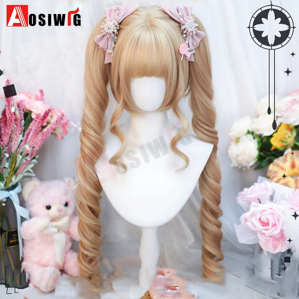 Synthetic Princess Cut Double Ponytail Lolita Wig with Bangs Girl Ombre Blonde Brown White Gray Cosplay Halloween Harajuku Wig