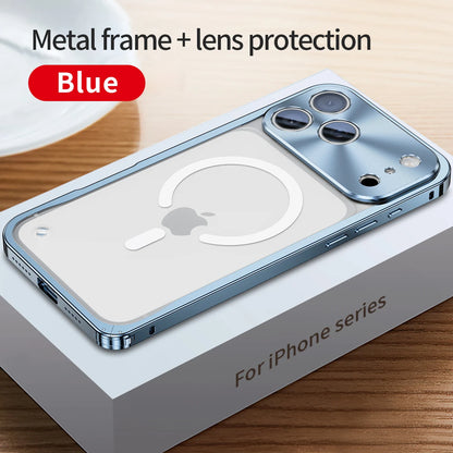 Buckle Metal Frame Phone Case For Iphone 17 18 Pro Max Magnetic Aluminum Frosted PC Matte Back Panel Phone Cover For Magsafe