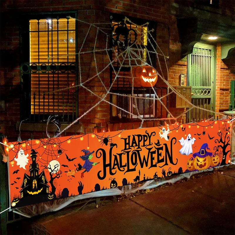 Ghost Halloween Pumpkin Banner Retro Halloween Party Signs Banner Decorations Fence Yard Porch Sign Outdoor Terror Decorations