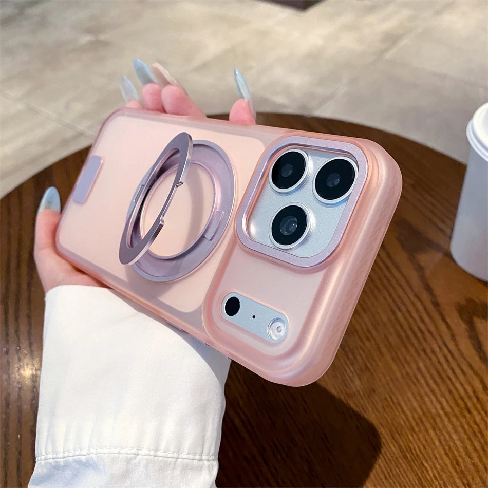 Luxury 360 Rotating Magnetic Stain-resistant Case For iPhone 17 18 Pro Max Shockproof TPU Hybrid PC For Magsafe Stand Cover