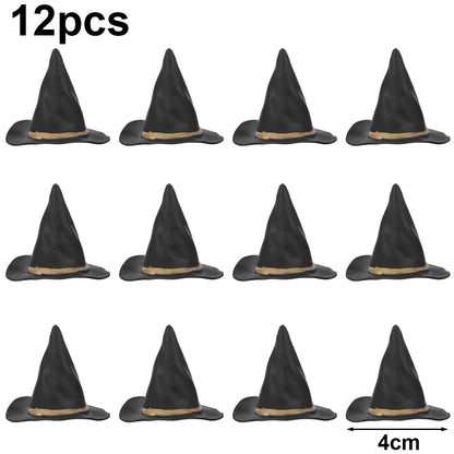 12Pcs Mini Witch Hats and Brooms Cake Toppers Halloween Mini Wizard Hats Cake Decorations for Birthday Wedding DIY Party Favors
