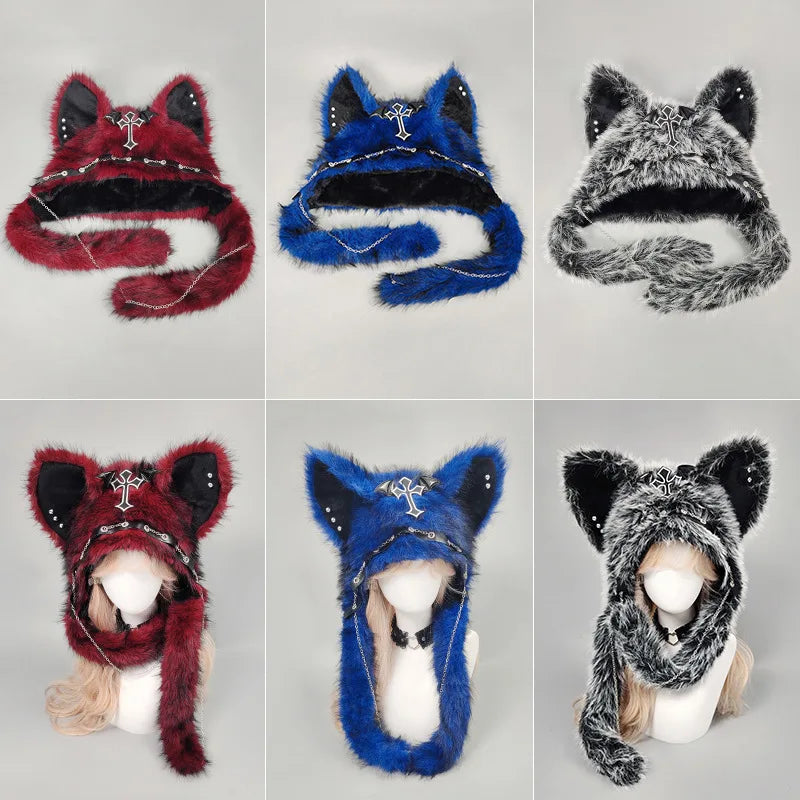 Dark Series Gothic Plush Hat Y2K Cross Metal Style Headwear Cosplay Cat Ear Hat Halloween Punk Rock Warm Cap for Women Men Child