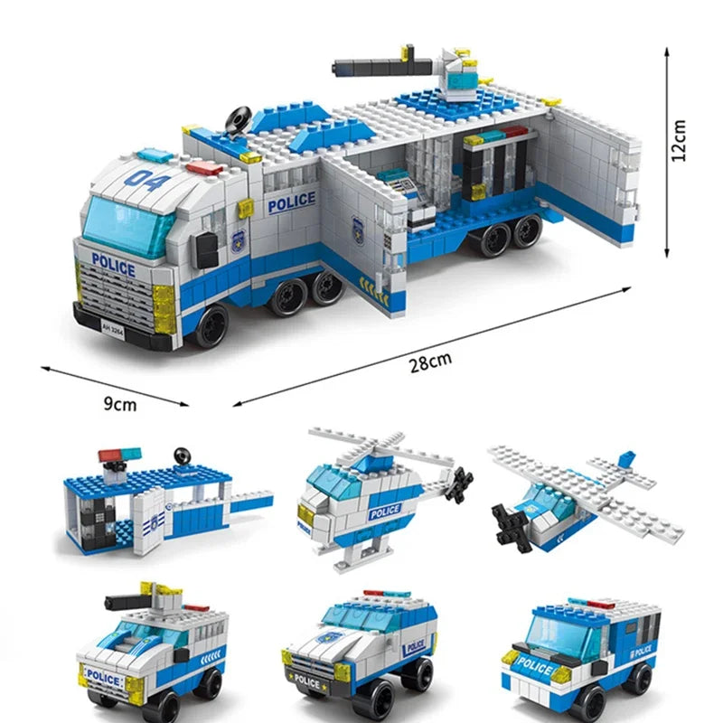 6in1 Police Sports Car Fire Engine Mini Loader Truck Plane Classic City Model Building Blocks Set Bricks Toy Gift for Kids