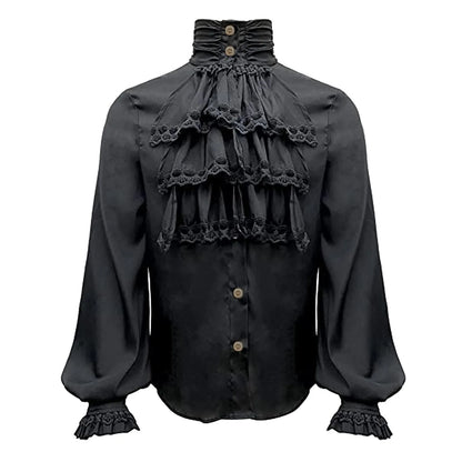 Men Steampunk Shirt Vintage Prince Medieval Renaissance Blouse Male White Black Turtleneck Tops Victorian Cosplay Costumes