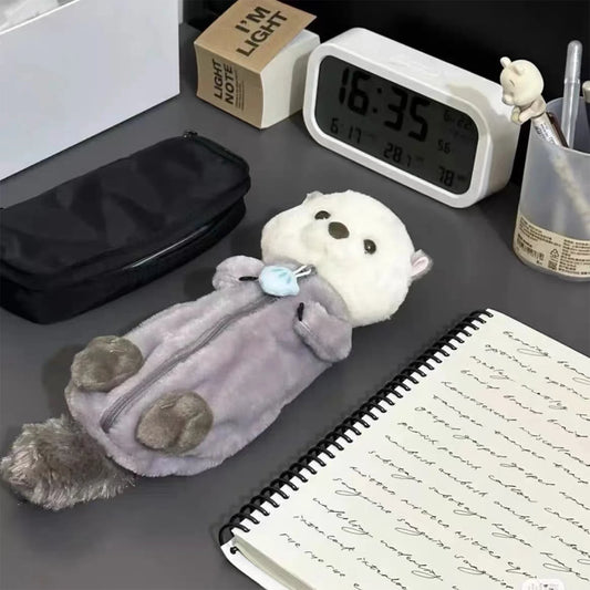 Creative Cute Sea Otter Shape Plush Pencil Bag 1PC Large Capacity INS Cartoon Pencil Case Velvet Pencil Case Student Stationery