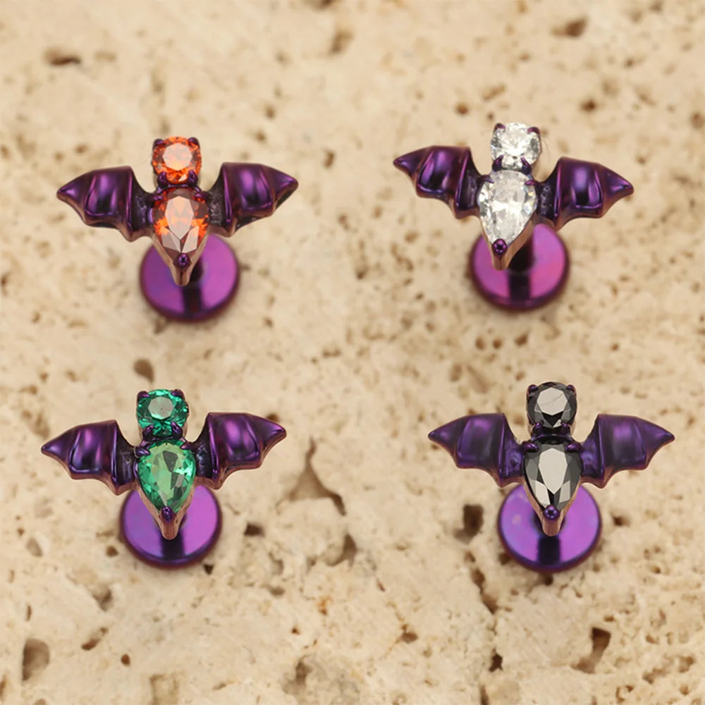 PUTITUP F136 Titanium Halloween Bat Earrings Vampire Style Inlaid Zirconia Gothic Ear Bone Lip Stud Body Piercing Jewellery