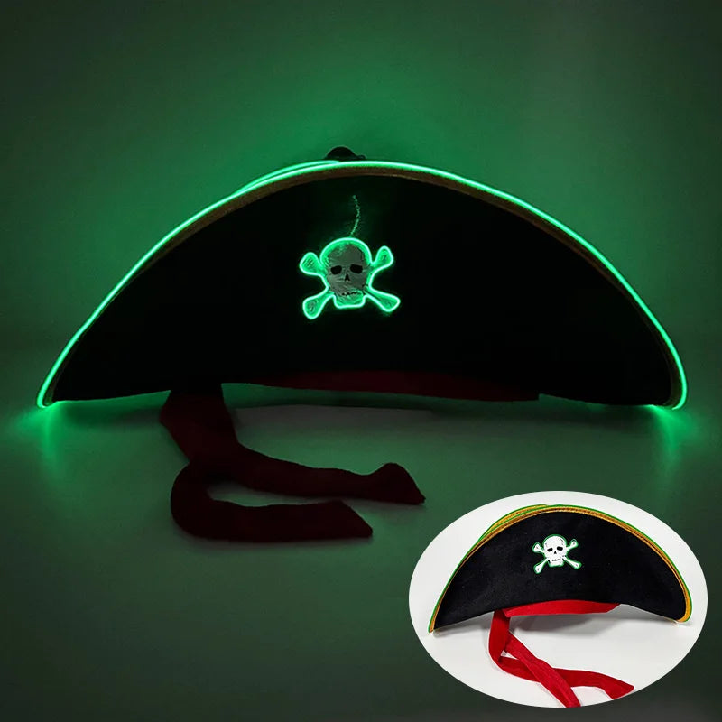Halloween LED Black Pirate Hat For Adult Pirate Theme Party Glowing Captain Cap Cosplay Costume Luminous Hat With Skull Pattern