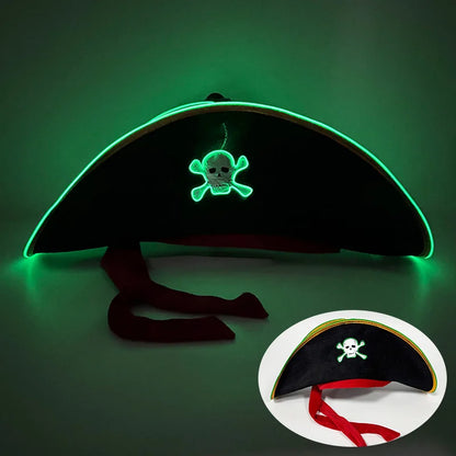Halloween LED Black Pirate Hat For Adult Pirate Theme Party Glowing Captain Cap Cosplay Costume Luminous Hat With Skull Pattern