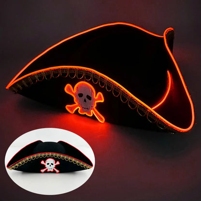 Halloween LED Black Pirate Hat For Adult Pirate Theme Party Glowing Captain Cap Cosplay Costume Luminous Hat With Skull Pattern